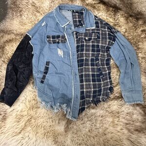 Miss Me Patchwork Denim shacket  with Plaid Design
